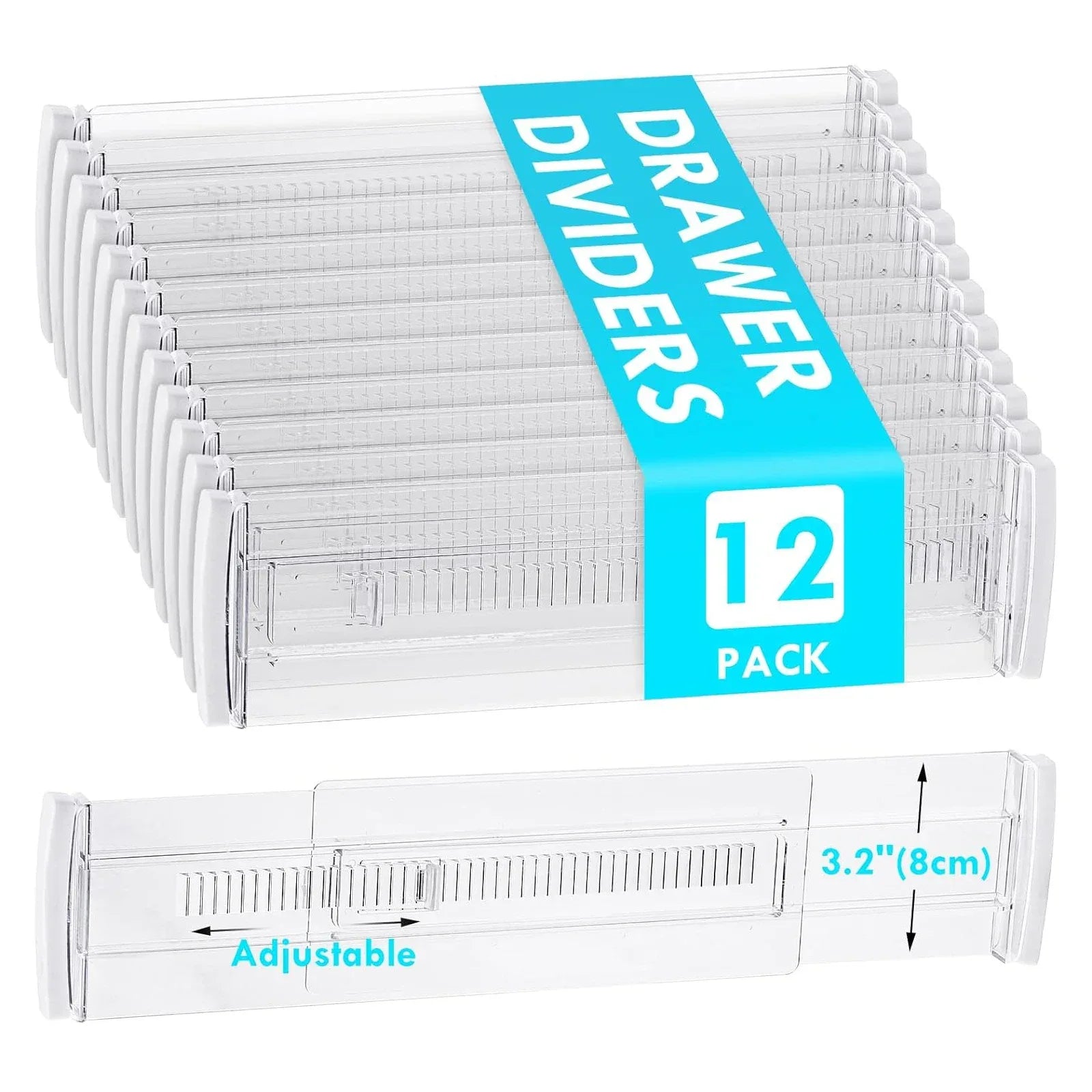 Drawer Dividers, 12 pack Adjustable Drawer Organizer, Clear Expandable Dresser Organizer for Clothes Kitchen Utensils Storage - Luvia