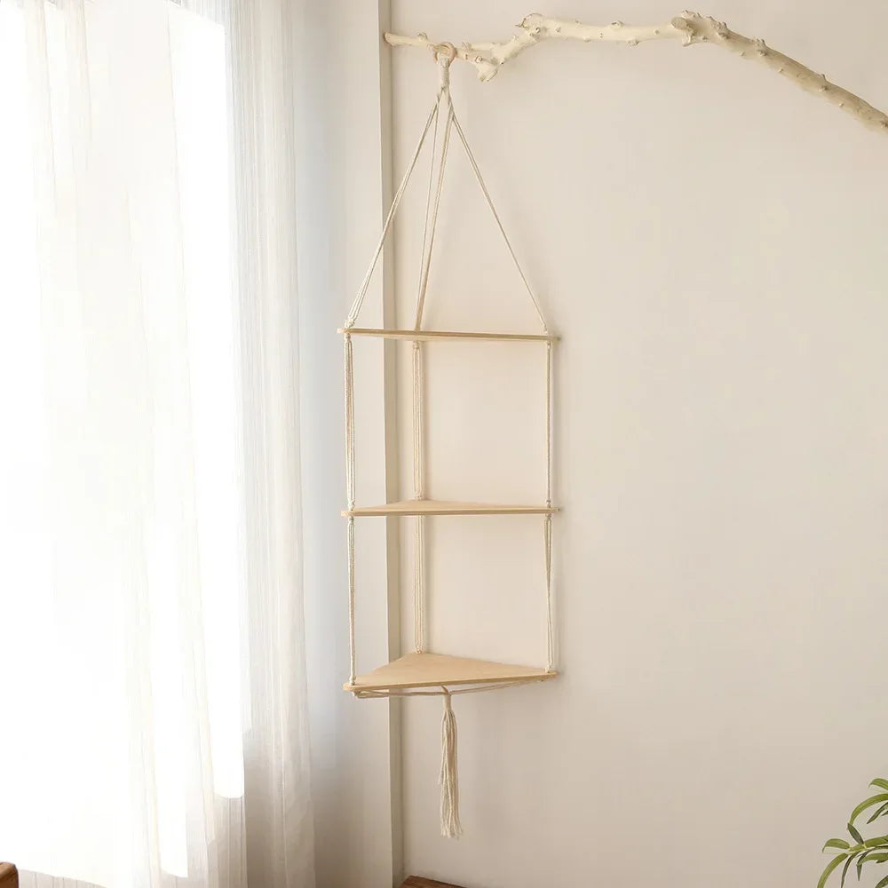 Corner Shelf Macrame Wall Hanging Wood Floating Shelves Rustic Boho Wall Shelf Decor Storage Rack for Plants Pots Photo Frames - Luvia