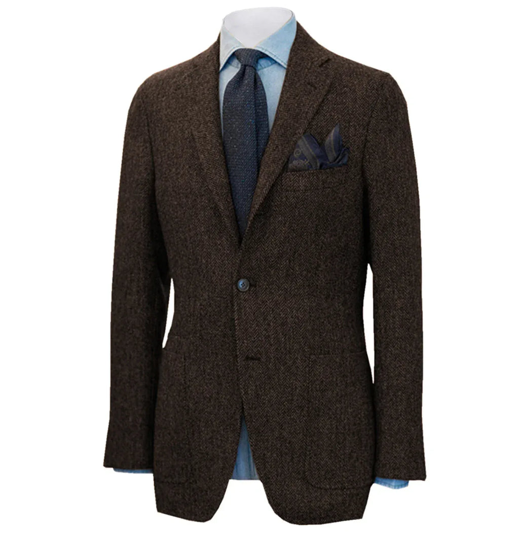Men's Suit Brown Blazer Prom Tuxedos Herringbone Wool Tweed Single Breasted Formal Bussiness Wedding Groom's Jacket (Only Coat) - Luvia