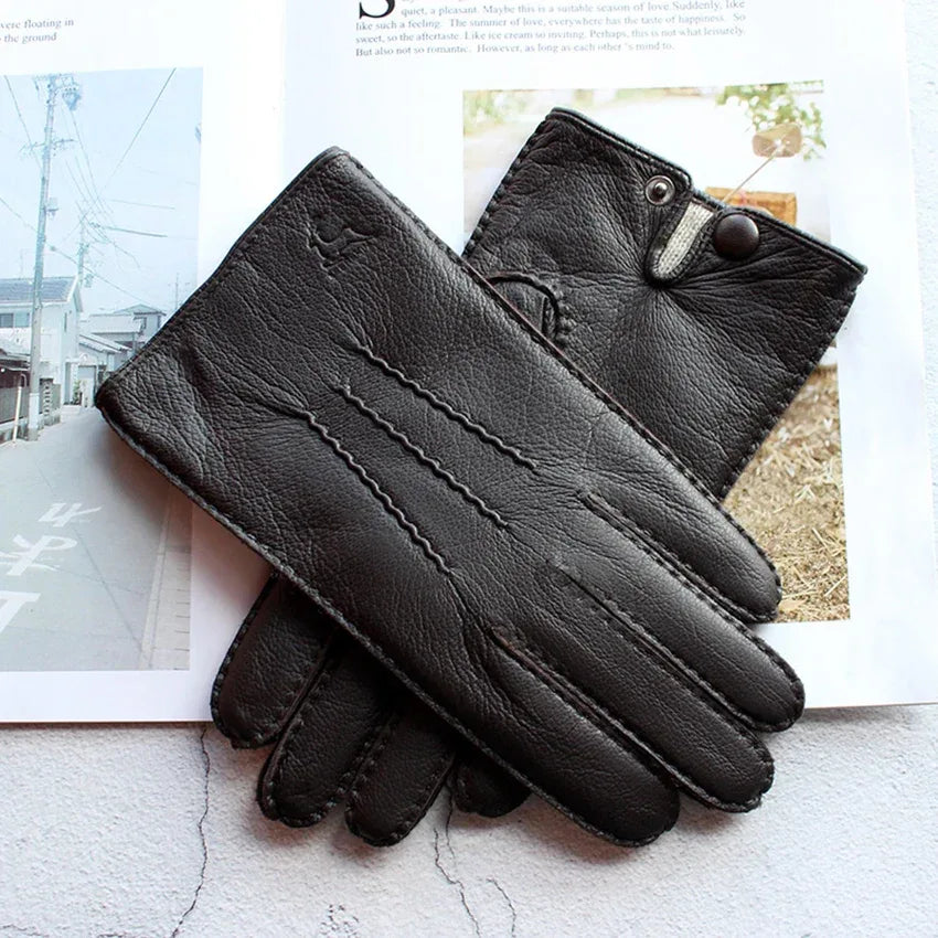 Deerskin Gloves Men's Touch Screen High-Quality Leather 2025 New Hand-Stitched Thin Wool Lining Keeps Warm in Autumn and Winter - Luvia
