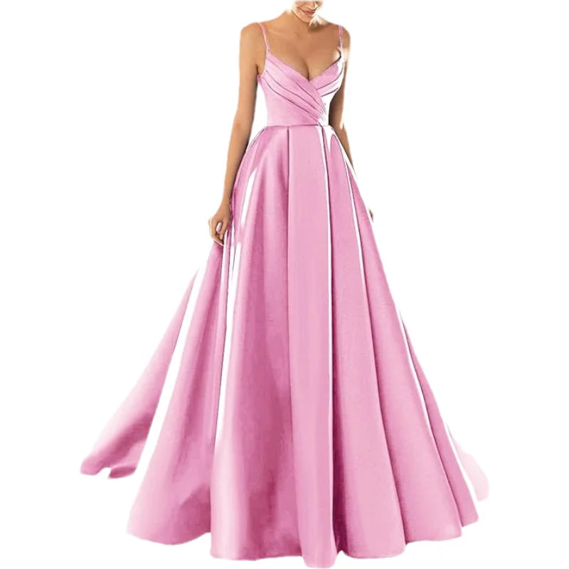Customized Women's Satin Prom Dresses Formal Gowns Long Spaghetti Strap V-Neck A-line Simple Evening Party Dress with Pockets