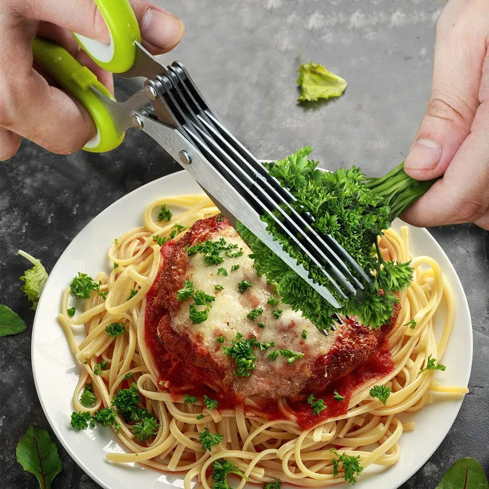 Herb Scissors Stainless Steel 5 Blade Kitchen Shears Household Vegetable Cutter with Cover Multifunctional Kitchen Gadgets - Luvia