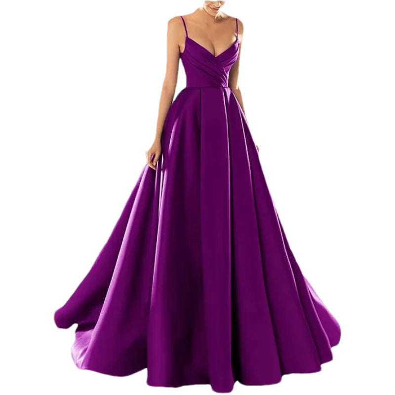 Customized Women's Satin Prom Dresses Formal Gowns Long Spaghetti Strap V-Neck A-line Simple Evening Party Dress with Pockets