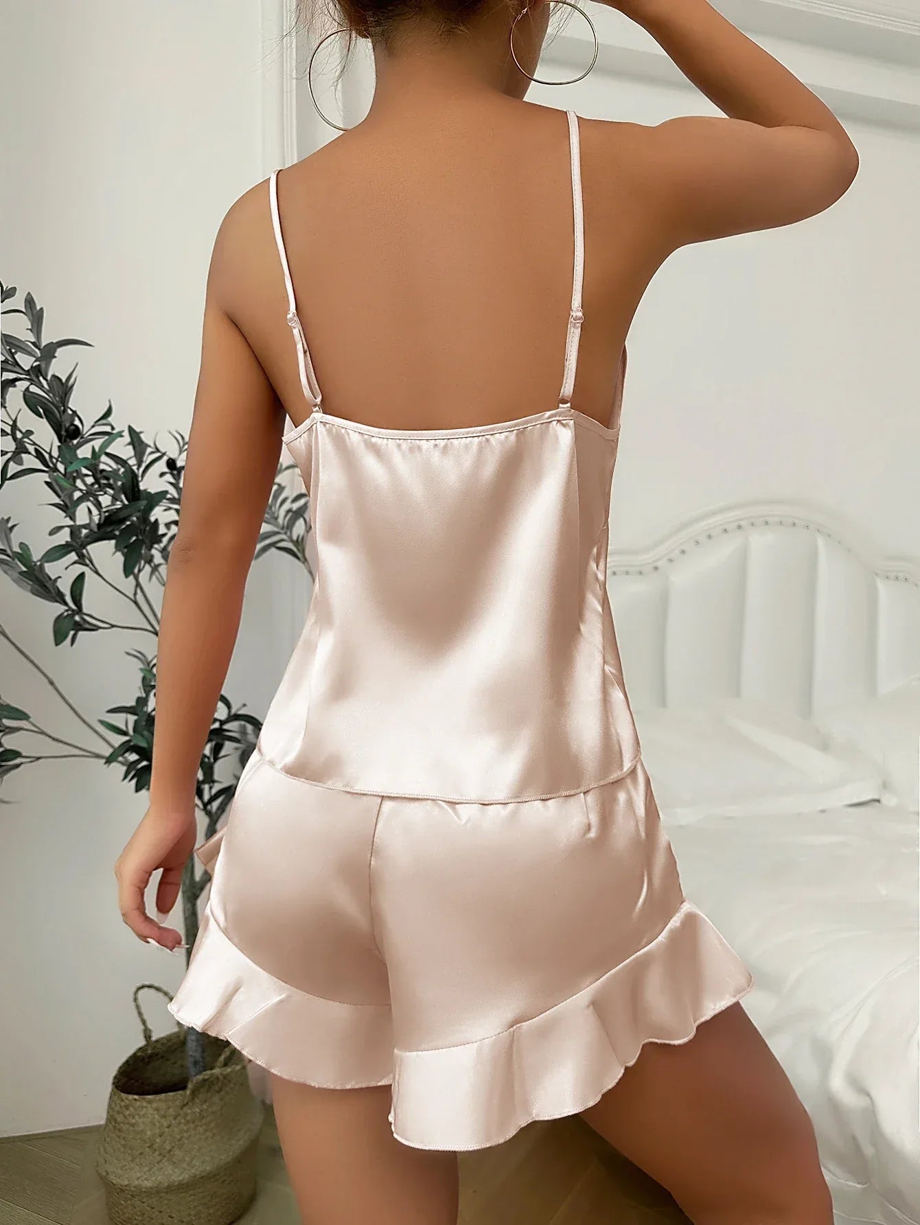 Simple Satin Pajama Set Long Sleeve Belted Robe V Neck Cami Top And Shorts Women's Sleepwear - Luvia