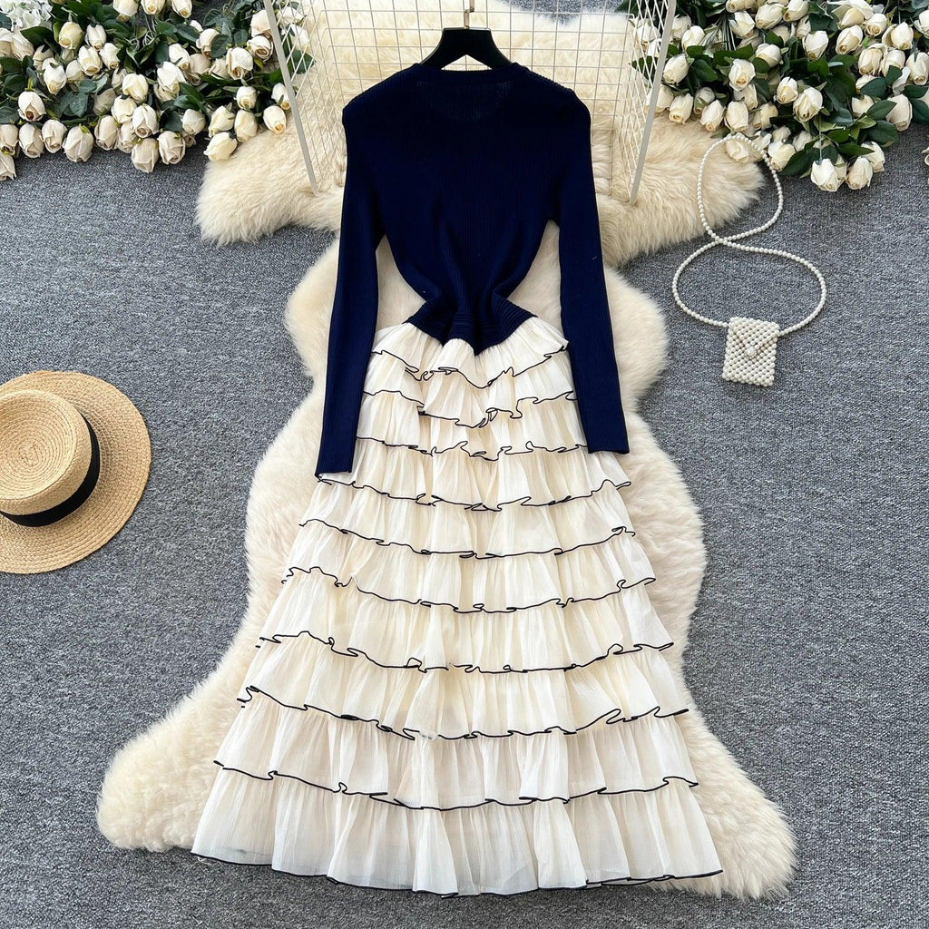 Elegant Chic Knit Tiered floral Long Dresses French Evening Party High Street autumn winter women clothing - Luvia