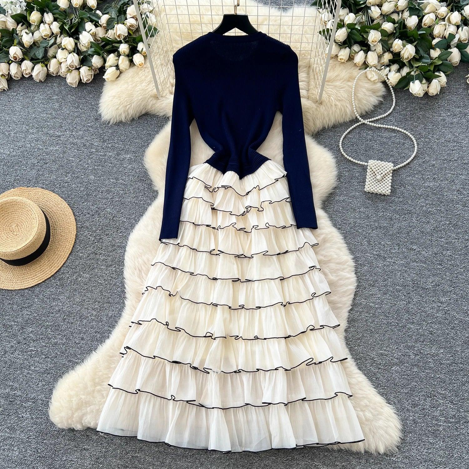 Elegant Chic Knit Tiered floral Long Dresses French Evening Party High Street autumn winter women clothing - Luvia