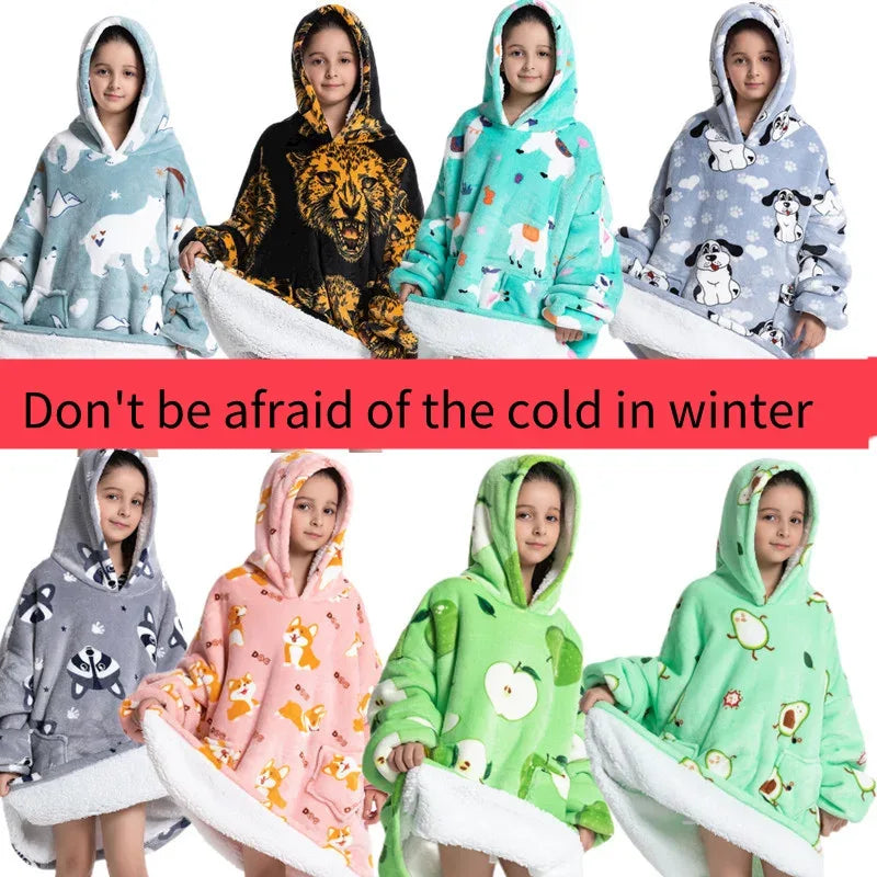Oversized Wearale Blanket Hoodie Flannel Sherpa Fleece Warm Soft Winter Hoodie Sweatshirt for Kids Adults Home Blanket Snuggle - Luvia