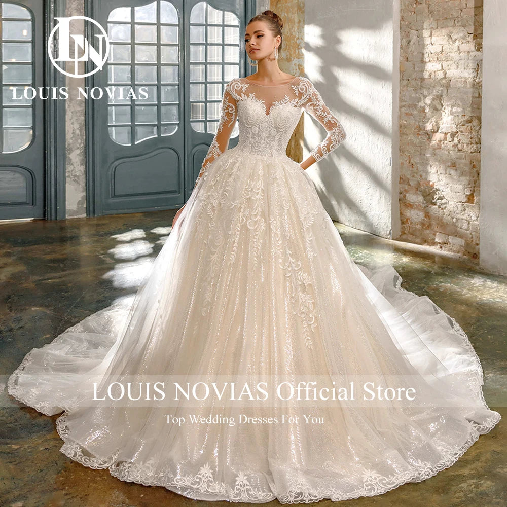 LOUIS NOVIAS Luxury Ball Gown Wedding Dress For Women Long Sleeve Glitter Beading Appliques Wedding Gown Vestidos De Novia