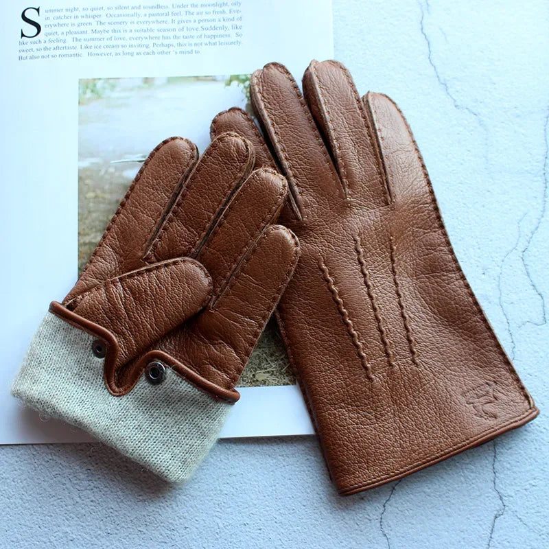 Deerskin Gloves Men's Touch Screen High-Quality Leather 2025 New Hand-Stitched Thin Wool Lining Keeps Warm in Autumn and Winter - Luvia