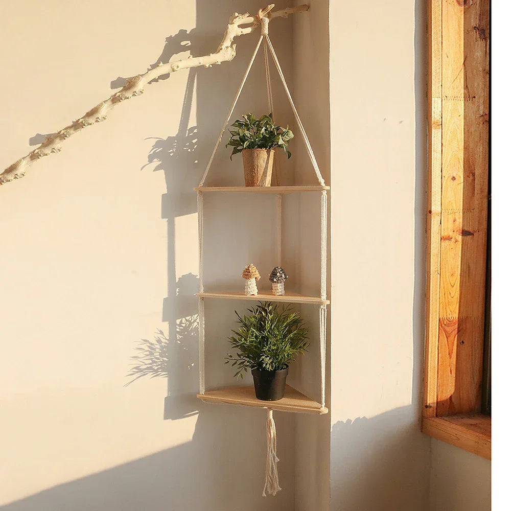 Corner Shelf Macrame Wall Hanging Wood Floating Shelves Rustic Boho Wall Shelf Decor Storage Rack for Plants Pots Photo Frames - Luvia
