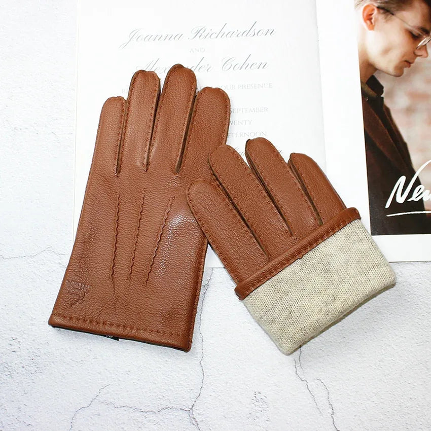 Deerskin Gloves Men's Touch Screen High-Quality Leather 2025 New Hand-Stitched Thin Wool Lining Keeps Warm in Autumn and Winter - Luvia
