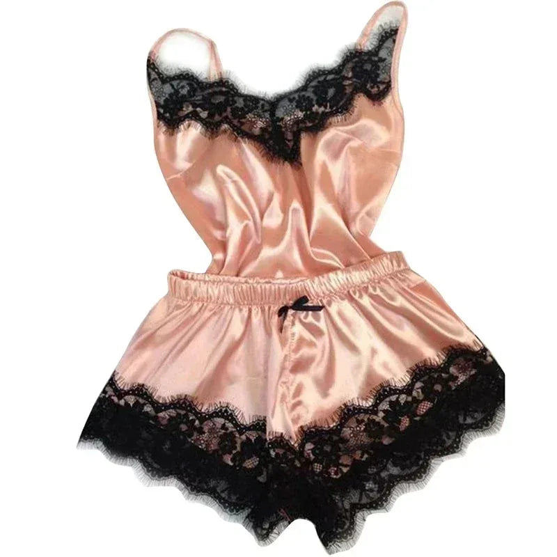 Summer Lace Silk Pajama Set for Women Sleepwear Sexy Lingerie Cami Top and Shorts Sets Comfortable Casual Pijamas - Luvia