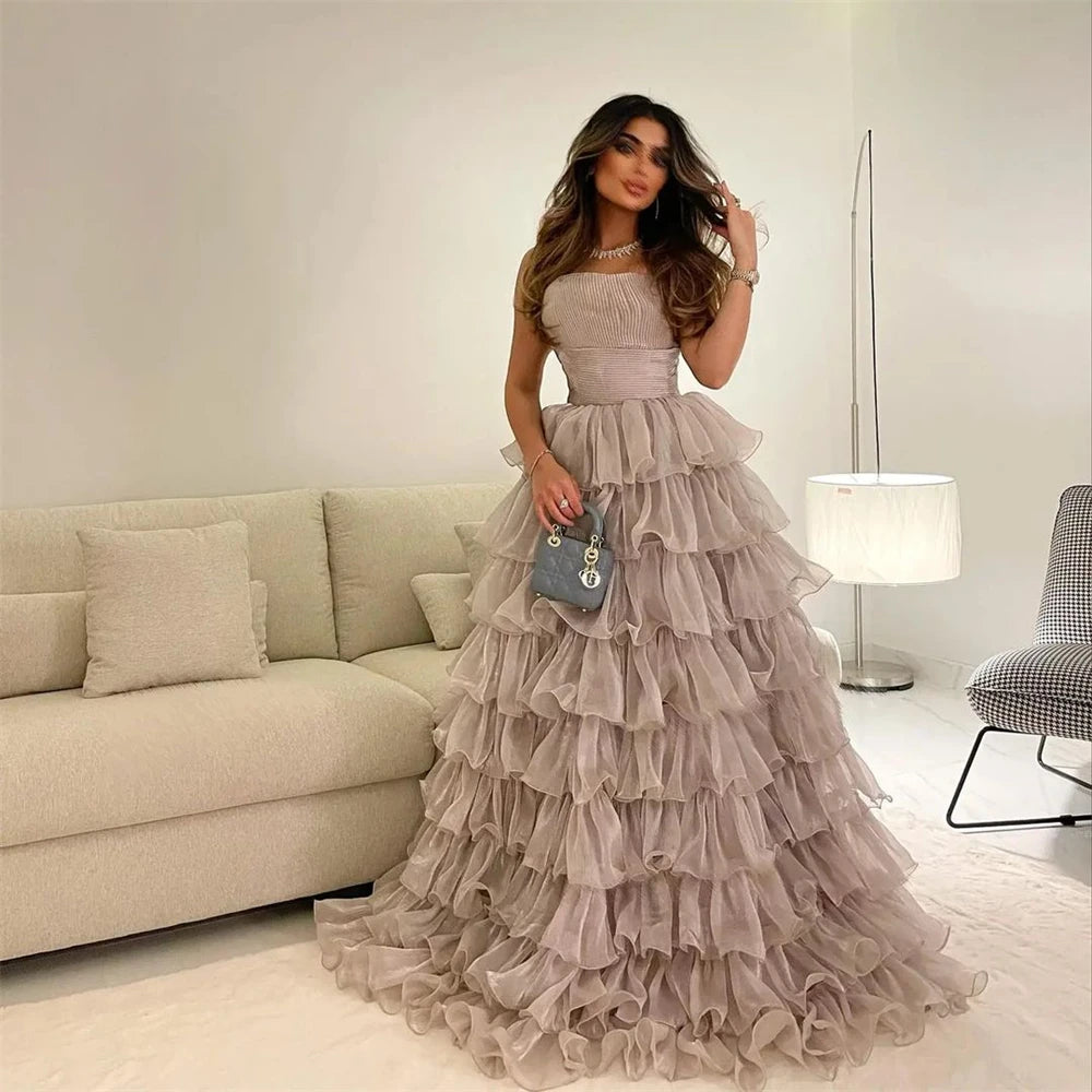 Customized Retro Exquisite Strapless A-line Layered Tulle Formal Occasion Gown vestido de festa longo robe soirée femme luxe