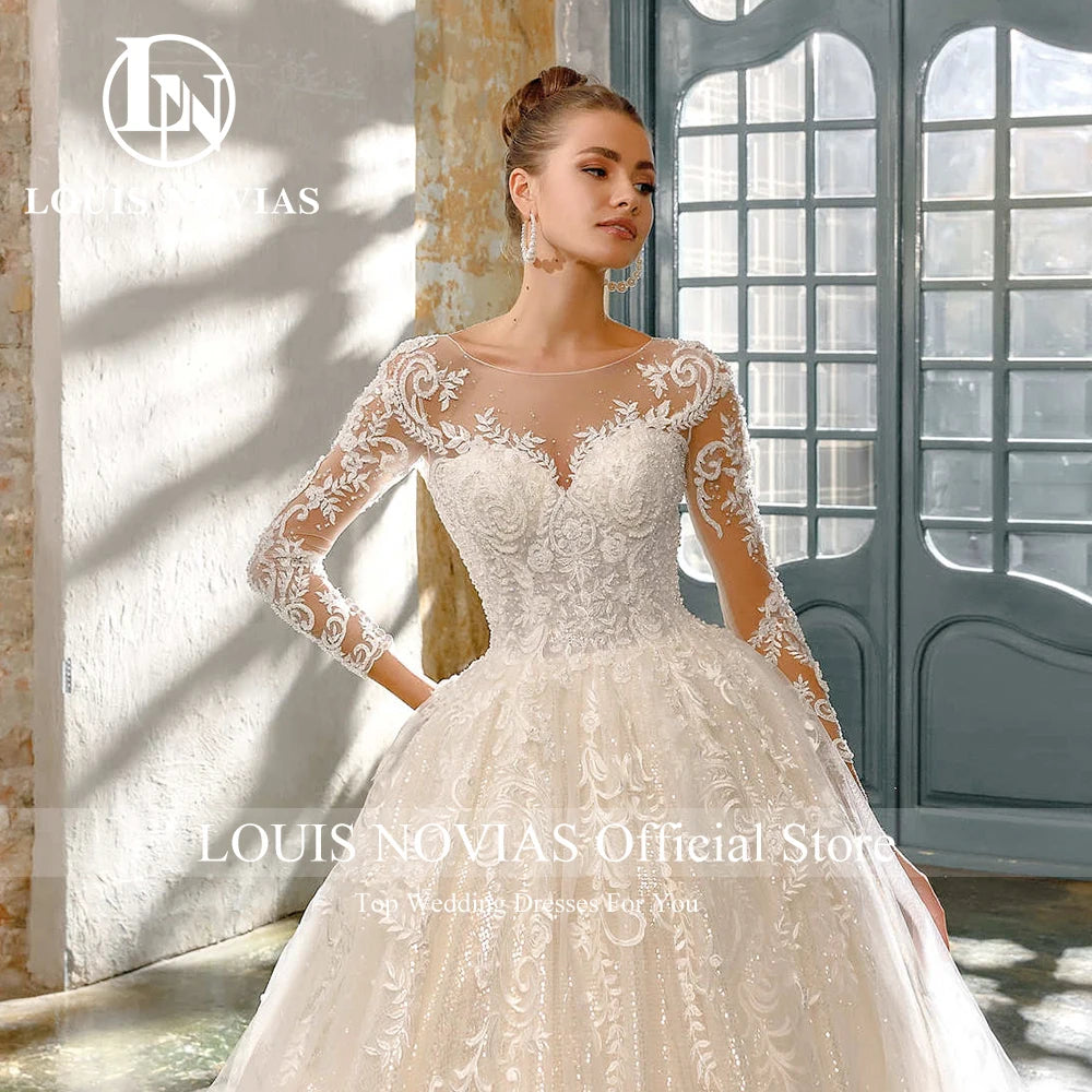 LOUIS NOVIAS Luxury Ball Gown Wedding Dress For Women Long Sleeve Glitter Beading Appliques Wedding Gown Vestidos De Novia