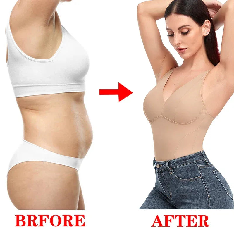Shapewear Bodysuit Thong Body Shaper for Women Waist Trainer Corset Deep V Neck Slimming Underwear Built-in Bra Camisoles Tops - Luvia
