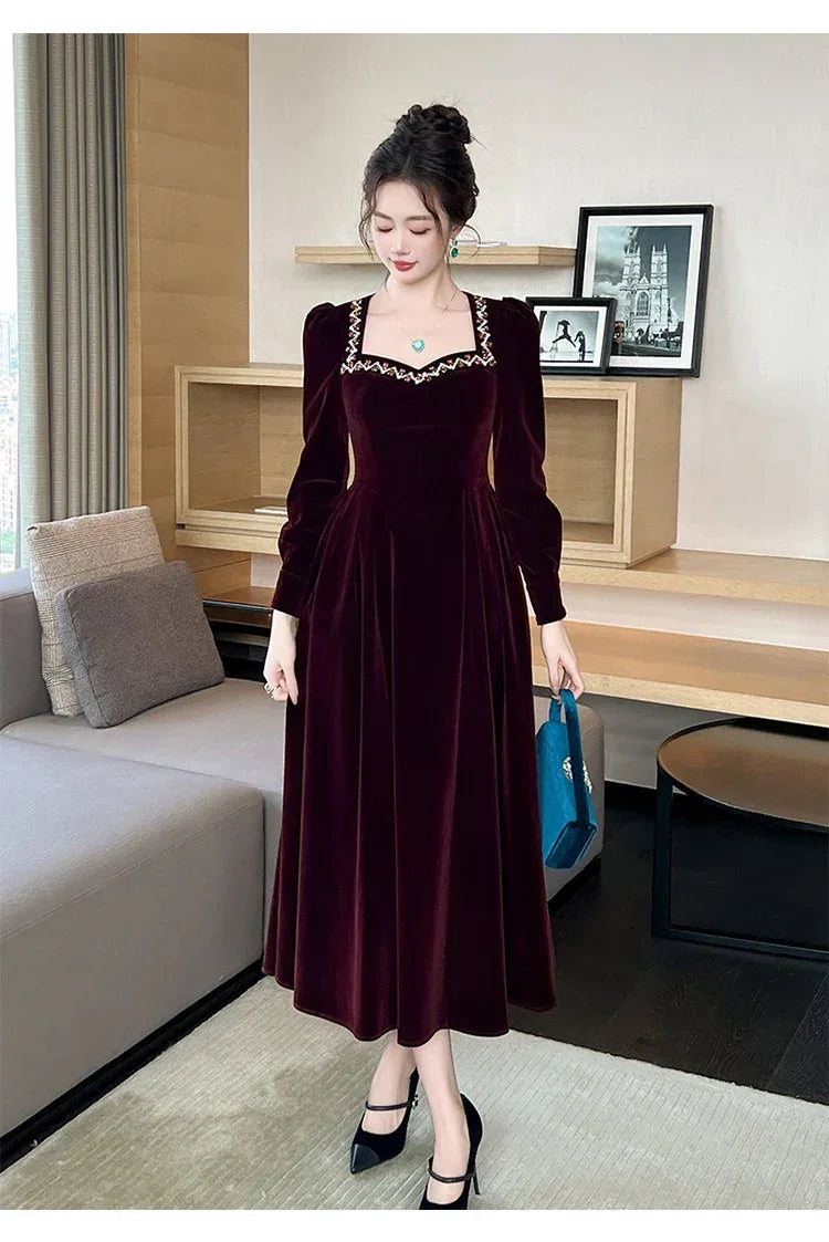 French Style Elegant Lady Dresses for Women Clothing Retro Velvet Diamonds Swing Long Robe Femme Party Prom Vestidos Spring New - Luvia