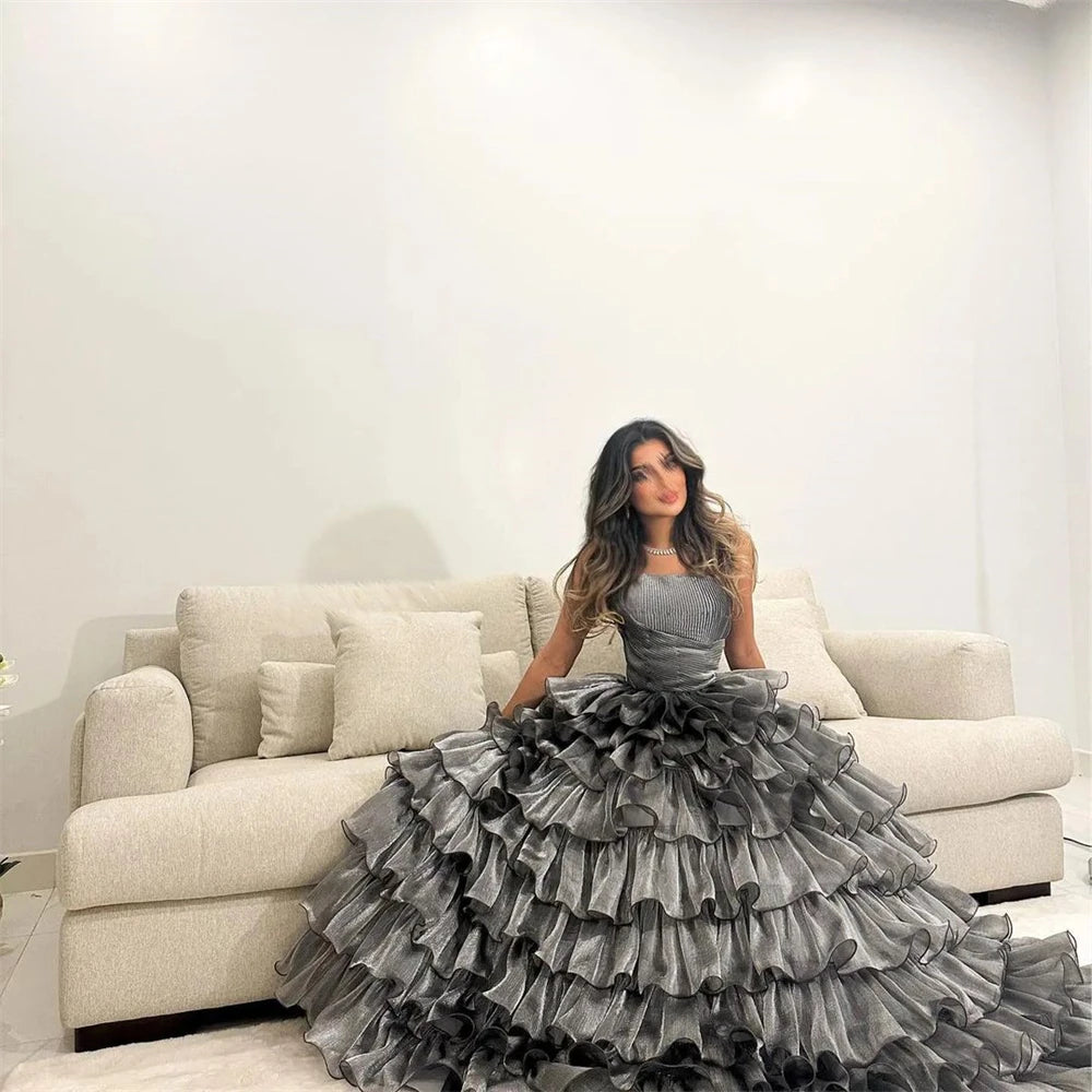Customized Retro Exquisite Strapless A-line Layered Tulle Formal Occasion Gown vestido de festa longo robe soirée femme luxe