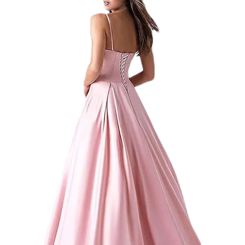 Customized Women's Satin Prom Dresses Formal Gowns Long Spaghetti Strap V-Neck A-line Simple Evening Party Dress with Pockets