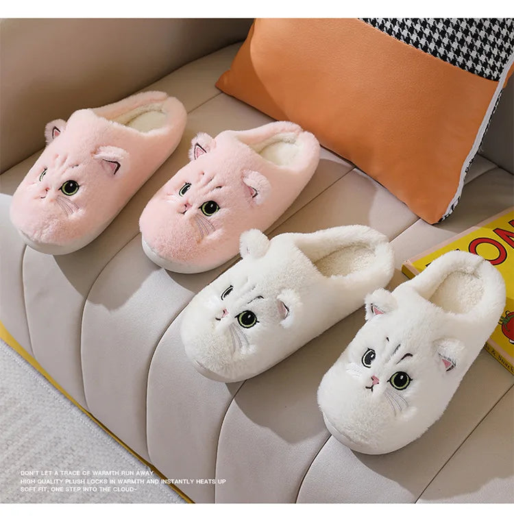 Winter Warm Slipper Women House Fuzzy Cat Cartoon Fur Plush Indoor Lazy Female Thermal Home Shoe Furry Funny Flat flip flop