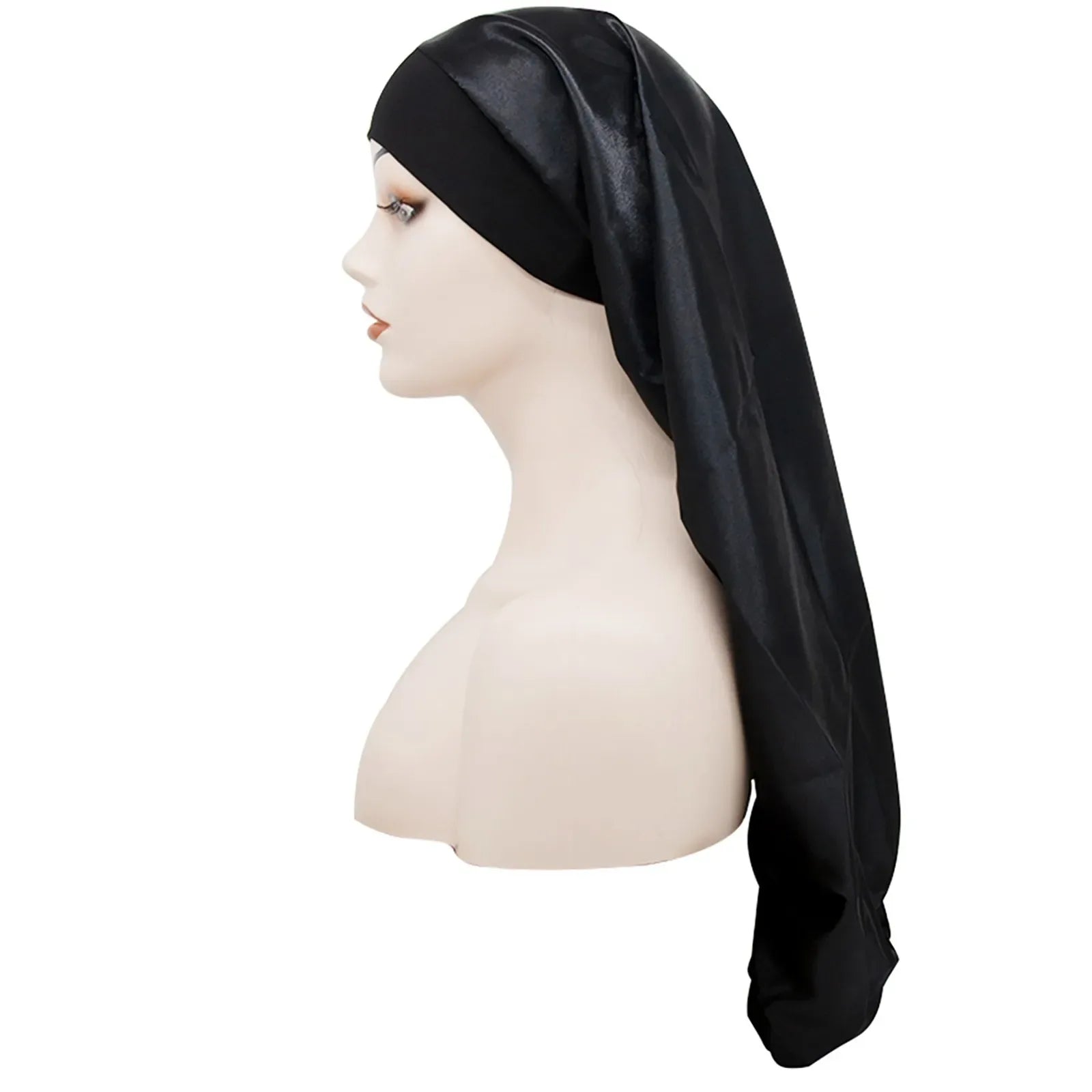 Long Satin Bonnet Sleep Cap Silk Sleeping Cap with Wide Elastic Band Loose Night Hat for Women Braids Curly Hair Black - Luvia