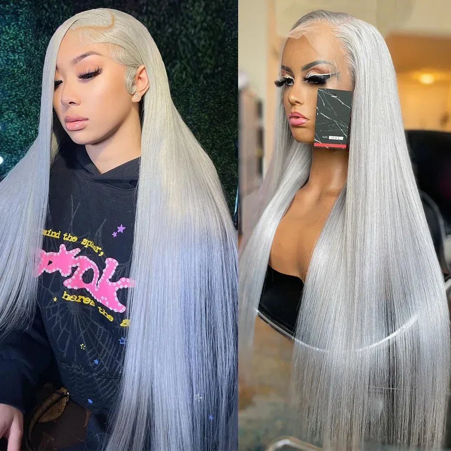 13x6 Silver Grey Straight Lace Front Human Hair Wigs Pre Plucked 613 Blonde Body Wave Frontal Wigs For Women Brazilian Hair Wigs - Luvia
