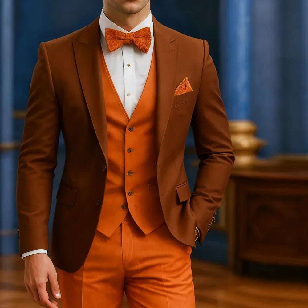 Men's Formal White And Orange Suit Occasion Wedding Groomsmen Graduation Dance Smoking 3 Piece Tuxedo Traditional Male Attire - Luvia
