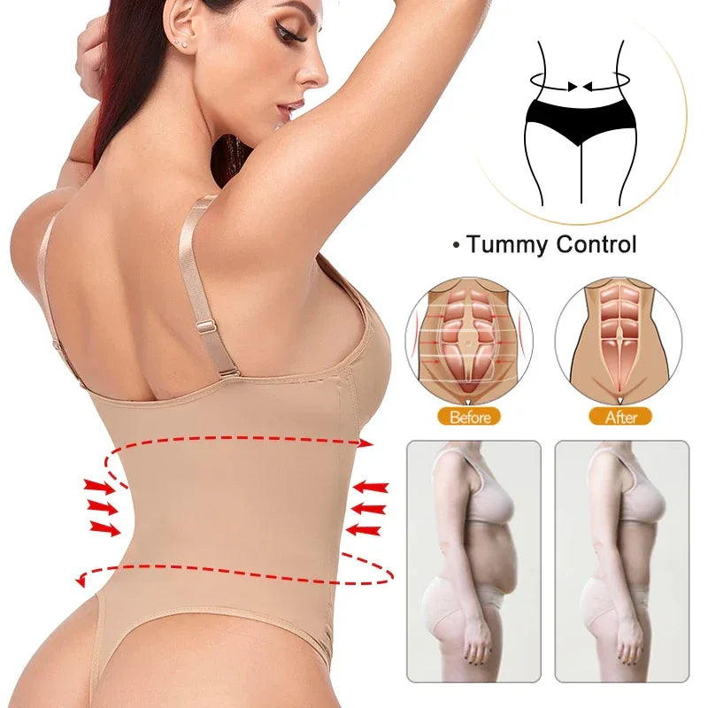 Shapewear Bodysuit Thong Body Shaper for Women Waist Trainer Corset Deep V Neck Slimming Underwear Built-in Bra Camisoles Tops - Luvia