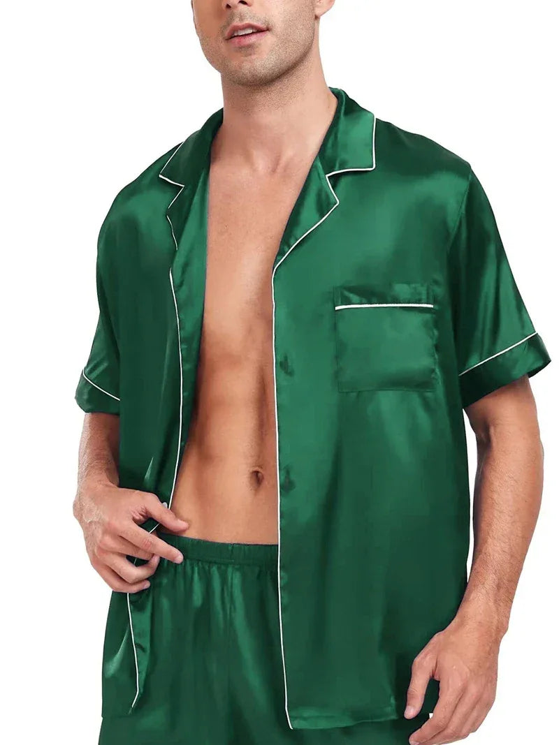 Men's Silky Satin 2Pcs Pajama Set Short-Sleeve Lapel Chest Pocket Shirt And Shorts Smooth Touch Soft Sleepwear Cozy Nightshirts - Luvia