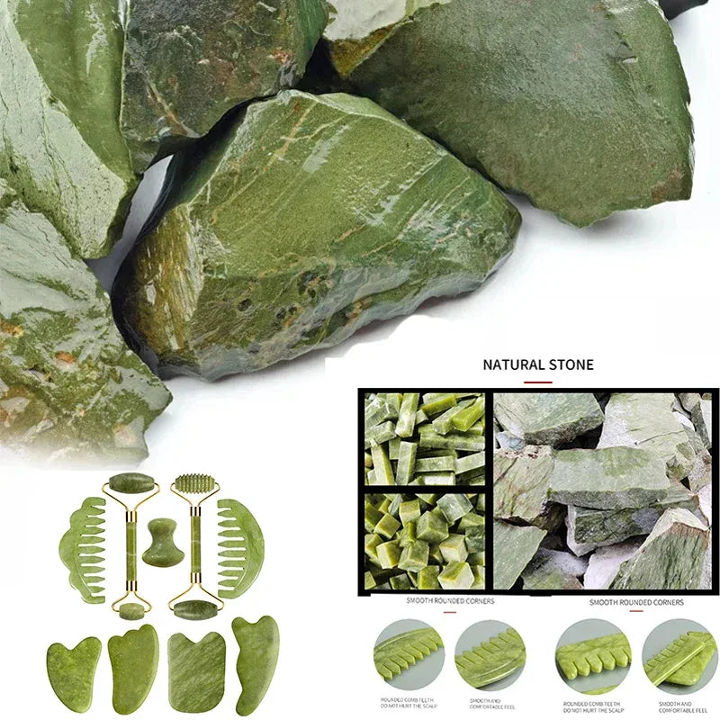 Natural Jade Roller Gua Sha Massage Set Guasha Board Comb Gouache Scraper Body Acupuncture Spa Facial Anti Aging Lifting Tools - Luvia