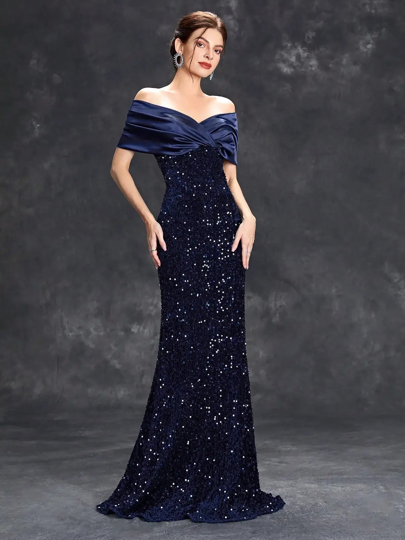 Mgiacy Line neck pleated tint sequin velvet fishtail Dress Evening Gown Ball dress Party dress Bridesmaid dress - Luvia