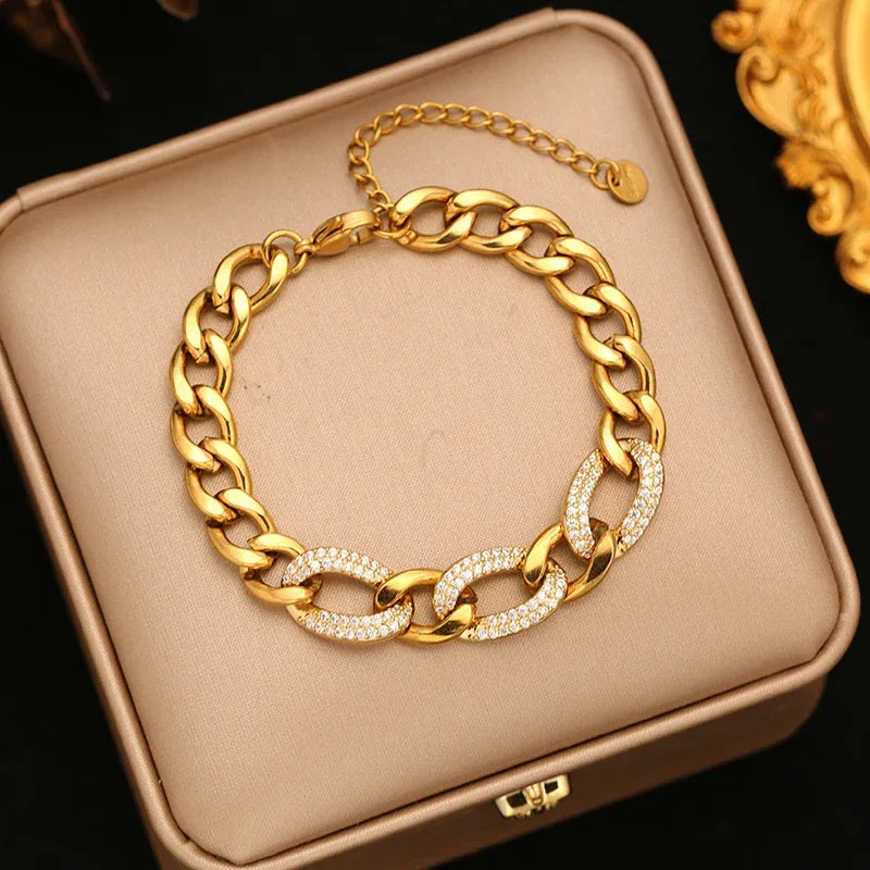 EILIECK 316L Stainless Steel Sparkling Rhinestone Chain Bracelet Bangles For Women Trendy Wrist Chain Waterproof Jewelry Gift - Luvia