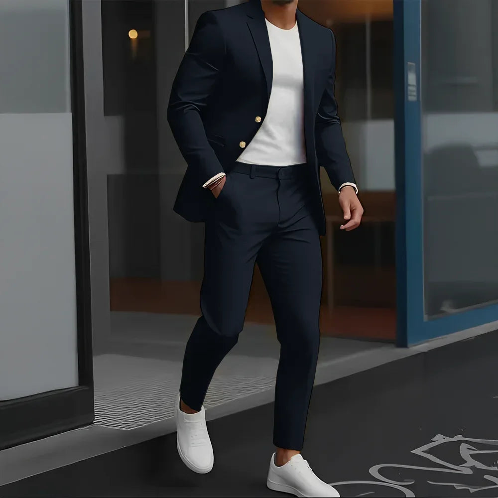 Formal Suit for Mens Business Work Clothes Office Jacket Pants 2-Piece Suit Wedding Groom Tuxedo 2-Button Blazer - Luvia
