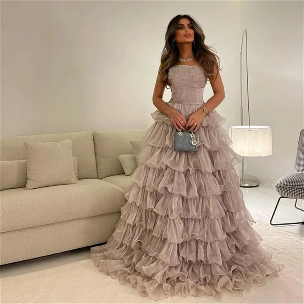 Customized Retro Exquisite Strapless A-line Layered Tulle Formal Occasion Gown vestido de festa longo robe soirée femme luxe