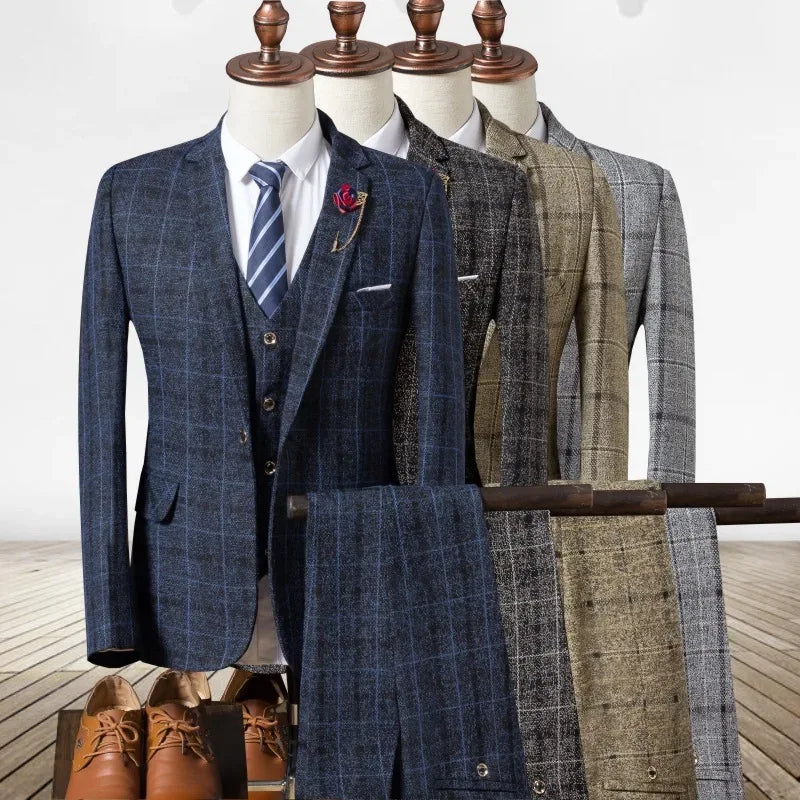 Formal Groom Wear 3 Piece (Blazer+ Vest + Pants) Men's Suit Fashion Business Gentleman Wedding Casual Plaid Cotton Linen Jacket - Luvia
