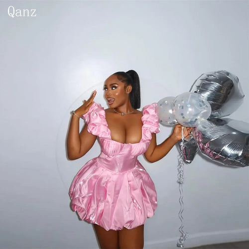 Qanz Pink Shiny Satin Prom Dresses Sweetheart Short Birthday Party Dress Spaghetti Straps Mini Vestidos De Graduación Customized - Luvia
