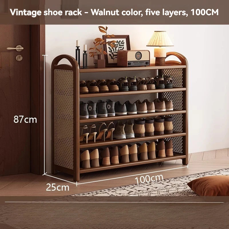 Multi layer shoe rack, retro style rattan woven simple home door shoe cabinet, large capacity storage rack for entrance doors