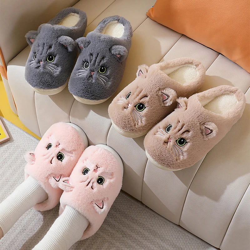 Winter Warm Slipper Women House Fuzzy Cat Cartoon Fur Plush Indoor Lazy Female Thermal Home Shoe Furry Funny Flat flip flop