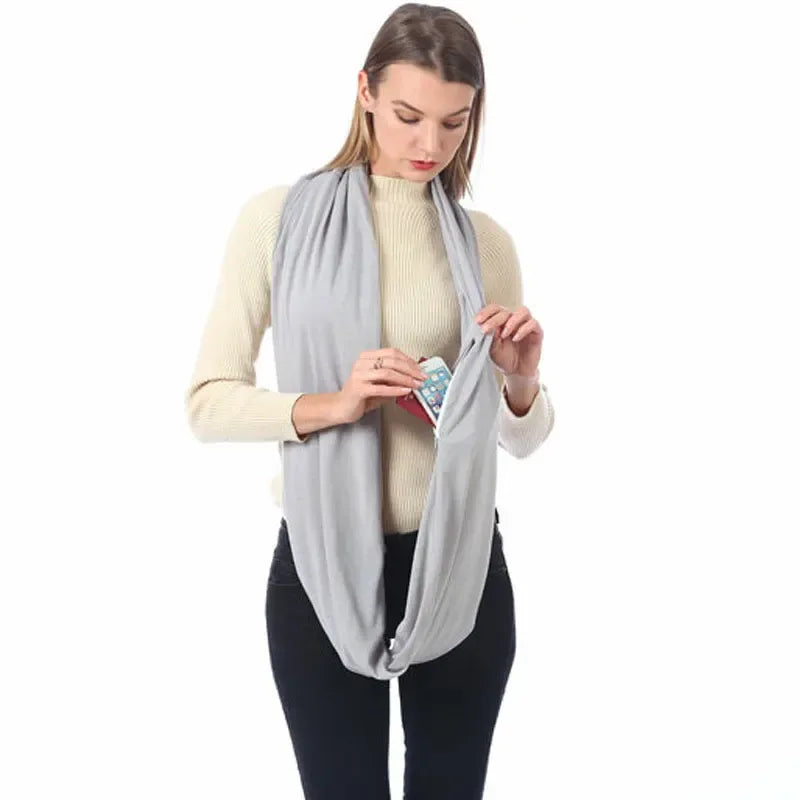 Women Infinity Loop Scarf with Hidden Zipper Pocket Travel Scarf Solid Color Neck Wrap Suitable for Daily Traveling Storage - Luvia