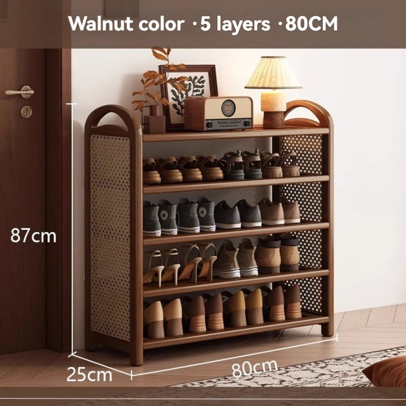 Multi layer shoe rack, retro style rattan woven simple home door shoe cabinet, large capacity storage rack for entrance doors
