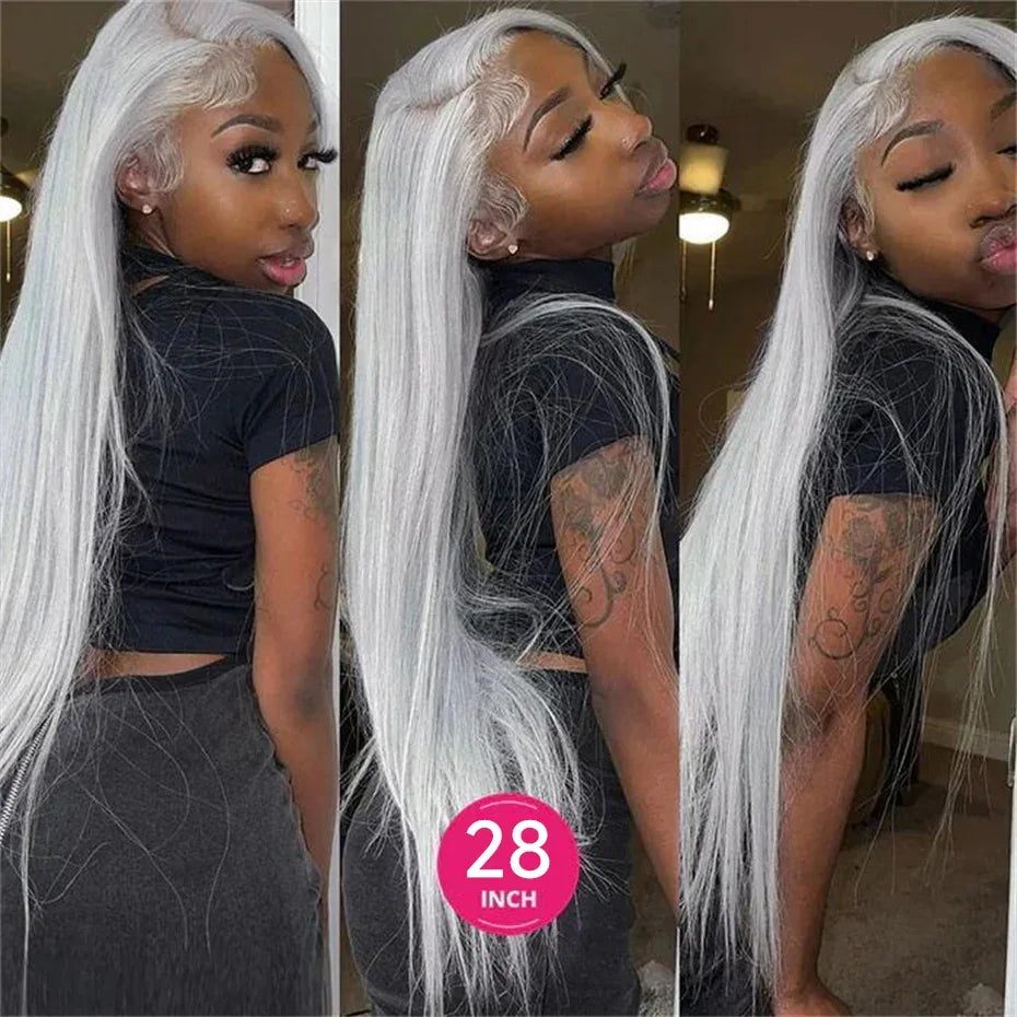 13x6 Silver Grey Straight Lace Front Human Hair Wigs Pre Plucked 613 Blonde Body Wave Frontal Wigs For Women Brazilian Hair Wigs - Luvia