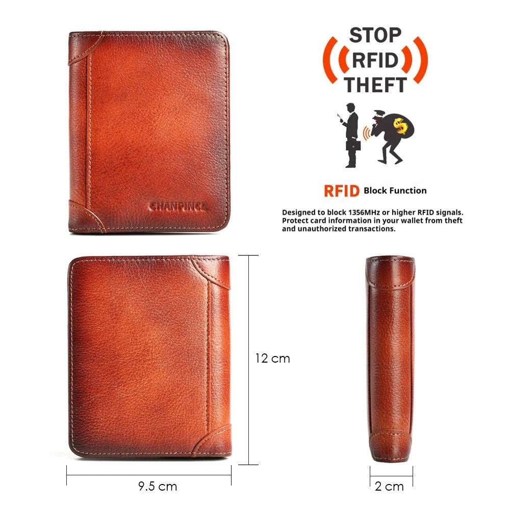 Boxed men's wallet short top layer cowhide wallet with classic three fold RIFD anti-theft brush  wallet gift box men purses