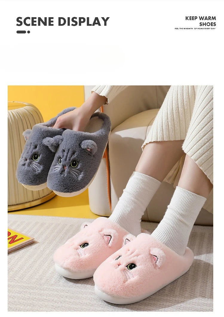 Winter Warm Slipper Women House Fuzzy Cat Cartoon Fur Plush Indoor Lazy Female Thermal Home Shoe Furry Funny Flat flip flop