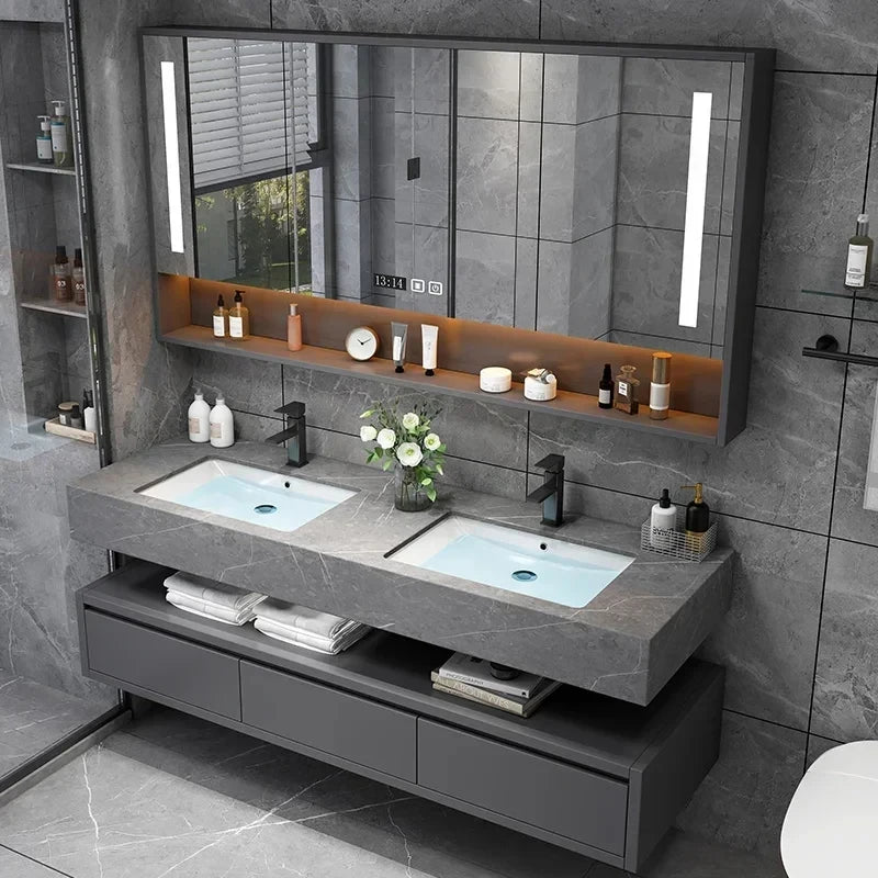 180cmLight Luxury Panel Intelligent Bathroom Cabinet Meuble Rock Salle De Bain Wood Washbasin Double Basin Bathroom Cabinet Home