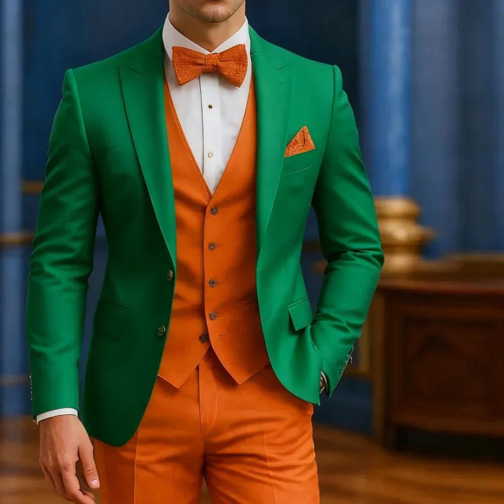 Men's Formal White And Orange Suit Occasion Wedding Groomsmen Graduation Dance Smoking 3 Piece Tuxedo Traditional Male Attire - Luvia