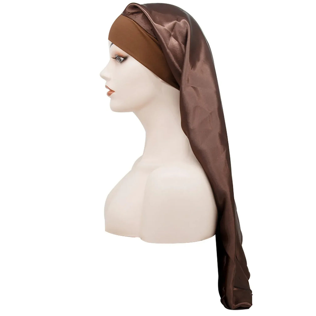 Long Satin Bonnet Sleep Cap Silk Sleeping Cap with Wide Elastic Band Loose Night Hat for Women Braids Curly Hair Black - Luvia