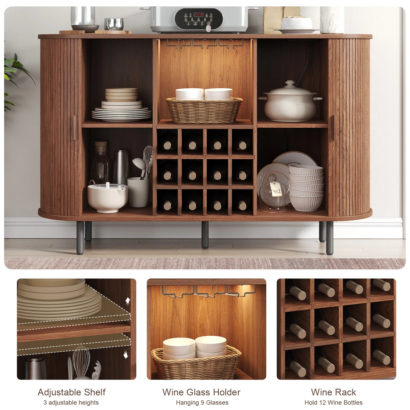 Wine Bar Cabinet w/ LED Light,Liquor Cabinet for Home,Coffee Bar Cabinet w/ Wine Rack & Glass Holder,Walnut Buffet Sideboard