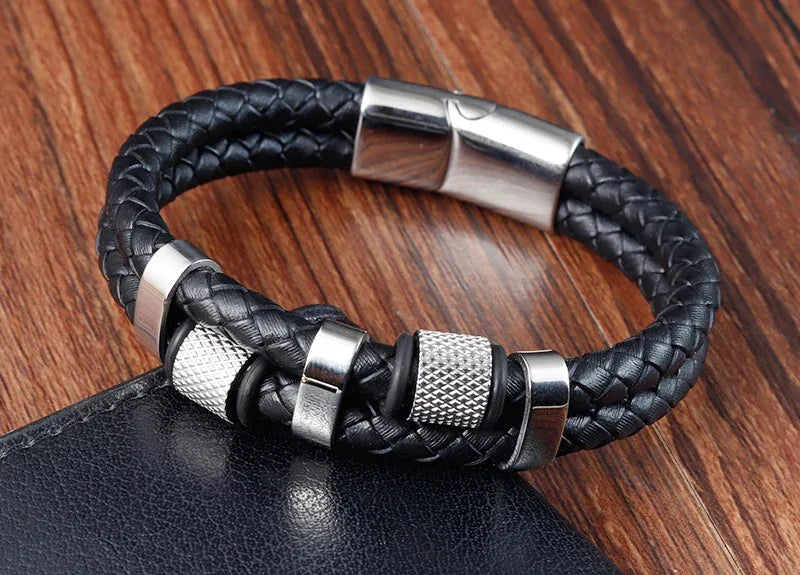 Charm Braid Rope Bracelet For Men Stainless Steel Magnetic Buckle Genuine Leather Bracelets & Bangles Male Female Jewelry - Luvia