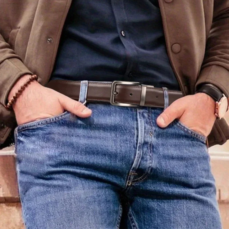 1pc Men's Leather Reversible Belt, Rotate Black Buckle - Luvia