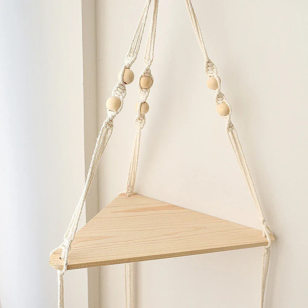 Corner Shelf Macrame Wall Hanging Wood Floating Shelves Rustic Boho Wall Shelf Decor Storage Rack for Plants Pots Photo Frames - Luvia