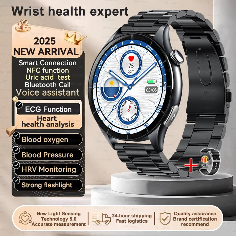 2025 New Body Fat Analysis Health Smart Watch ECG+PPG Uric Acid Lipid Blood Pressure NFC Clock Call Smartwatches For Men Women